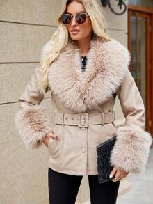 Giolshon 女士常规款皮草大衣 - 秋冬百搭休闲外套，含腰带 - 适合任何外出 - 米色 - 查看 6