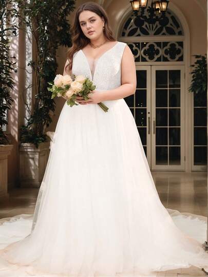 Plus Size Women Solid Lace Contrast Mesh Sleeveless Floor-Length Light Wedding Dress,Bride