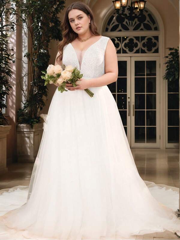 Plus Size Women Solid Lace Contrast Mesh Sleeveless Floor-Length Light Wedding Dress,Bride