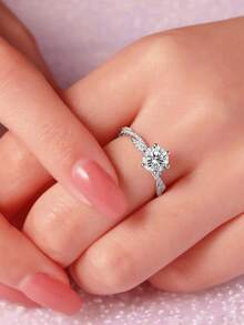 Anillo de boda de lujo con diamantes incrustados de calidad europea y americana, regalo para amigos y parejas por cumpleaños, adecuado para fiesta de compromiso y uso diario, joyería de alta calidad para mujeres - Plateado - Ver 4