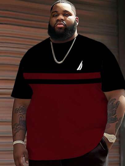 大码男士 T 恤，黑色和红色拼布设计，简约白色标志时尚大码透气短袖 T 恤