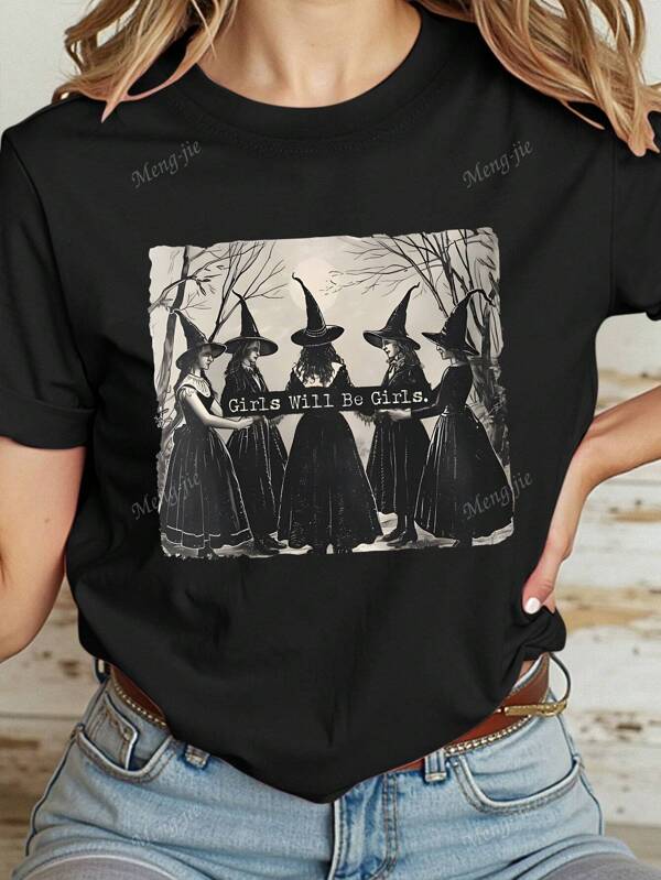 Women's Casual Witch Pattern Round Neck Black T-Shirt, Summer