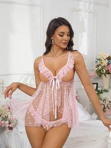 Small Plum Blossom Mesh See-Through Ruffle Trim Sexy Lingerie Set - Pink - View 3