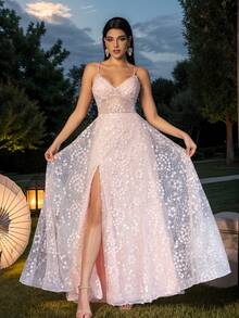 Romantic A-Line Spaghetti Evenning Dress Sweetheart Applique Pink Evenng Prom Dress Vestidos Elegantes Para Fiesta - 淺粉色 - 查看 2