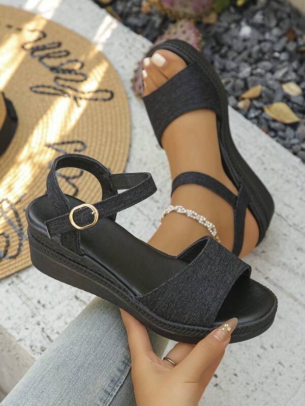 New Summer Fashion Backstrap White Mother/Elderly Simple Comfort Women Wedge Thick Bottom Sandals, Woven Blue Denim Black Bottom