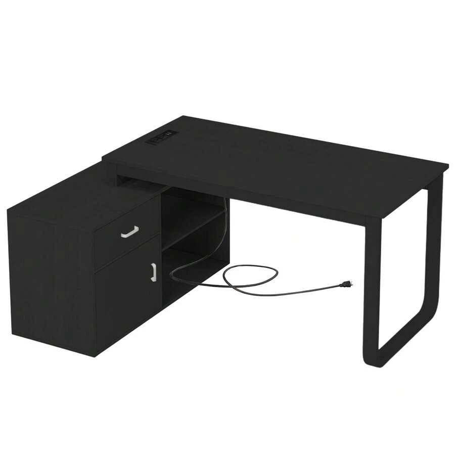 Mesa de estudio reversible con 2 estantes y toma de corriente - Negro - Ver 1