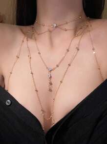 Two Pieces Sexy Rhinestone Chain Decorated Body Jewelry For Women, Fresh And Sweet Chest Chain With Personalized Tassel And Rhinestone Pendant, Sexy Women Steel Body Chain Collarbone Chain, For Rave