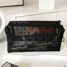 1 件/3 件/5 件带绒心形装饰的网眼化妆包，旅行便携式化妆品收纳袋套装