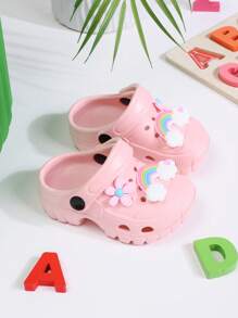 New Kids Girls Boys Hollow Out Flat Non-Slip Slip On Sandals, Fastener Adjustable Cute Rainbow & Floral Pattern, Versatile Summer Beach Slippers For Holiday