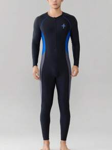 1 Peça Roupa de Banho Masculina de Estilo Esportivo Elegante com Estampa de Letra, de Manga Longa e Calça Longa, Design Elástico e Afunilado, Adequado para Esportes, Praia, Natação, Surfe na Primavera/Verão, Tecido de Malha que Cobre Todo o Corpo
