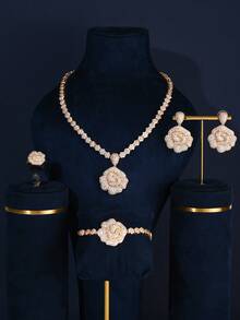 4 件套沙特阿拉伯迪拜新娘珠宝玫瑰花耳环项链手链戒指套装配白色锆石、婚纱配饰、情人节礼物送给女友