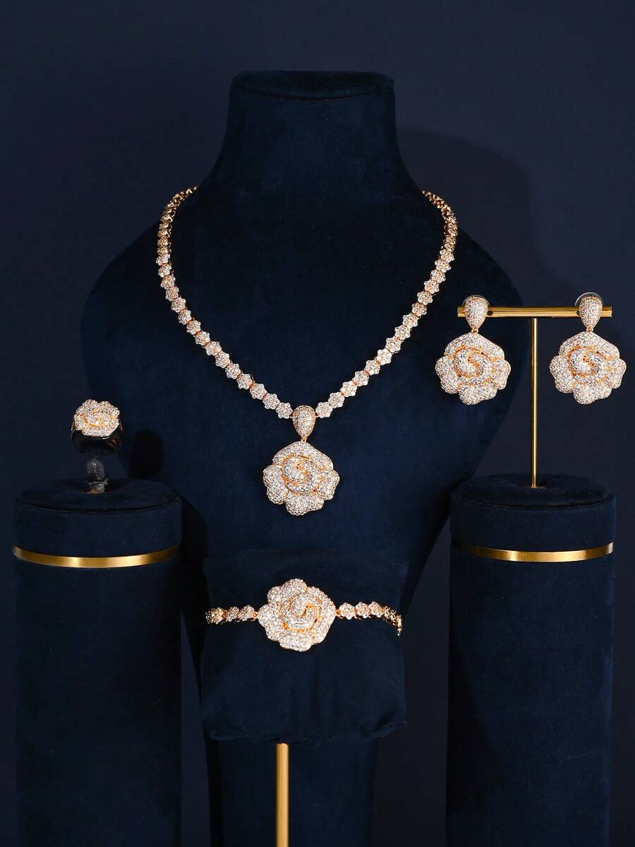 4 件套沙特阿拉伯迪拜新娘珠宝玫瑰花耳环项链手链戒指套装配白色锆石、婚纱配饰、情人节礼物送给女友