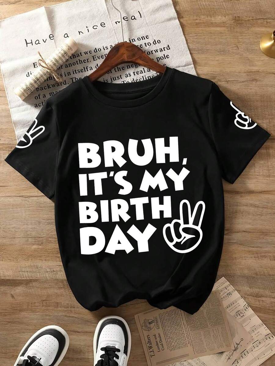 Tween Boy Gesture And Slogan Print Crew Neck T-Shirts Summer Boy's Casual Tee Soft Tops - Black - View 1