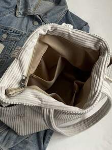 大容量时尚女士单肩托特包，柔软耐用的灯芯绒面料，配有侧袋和多个内部隔层，拉链开合，适合短途旅行、通勤和日常使用 - 彩色 - 查看 12