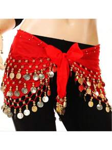 1pc Belly Dance Skirt Hip Scarf With Gold Coin Belly Dance Wrap Skirt Belt Coin Belt Dance Performance Costume Music Festival Halloween Party Belly Dance Yoga Class Red