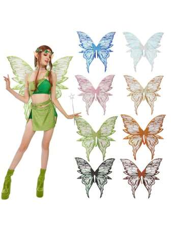 1 pieza/set de 4 piezas Alas de hada para adultos y niñas, conjunto de disfraz de hada con corona de flores, varita y orejas - "Alas de mariposa de organza - Ideal para cosplay, fiestas, 8 colores disponibles"
