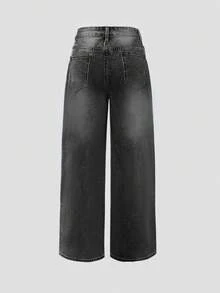 Calça jeans feminina estilo Y2K com lavagem vintage e perna larga, estilo casual de rua, outono - Cinza escuro - Ver 8