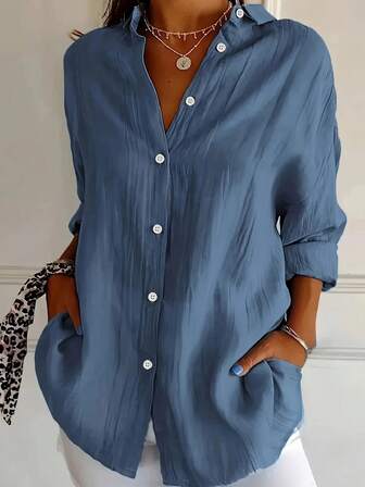 Camisa casual de mujer de unicolor con botones, lavable a máquina, blusa versátil para primavera, verano y otoño