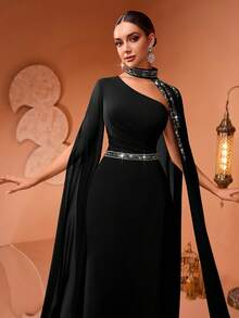 New Arrival Elegant Personalized Beaded Lace Sequin Applique Split Sleeve Women's Banquet Dress, Formal, Party Dress, Gown, For Evening, Wedding Guest - Black - View 5