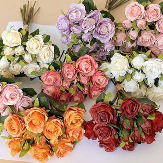13 Pieces Of Artificial Silk Flowers Realistic Rose Bouquet Long Stem, Wedding Holding Flowers, 7 Colors, Can Be Used For Home, Room, Desk, Hotel, Wedding, Birthday Gift, Party, Autumn Harvest Thanksgiving Easter Decoration