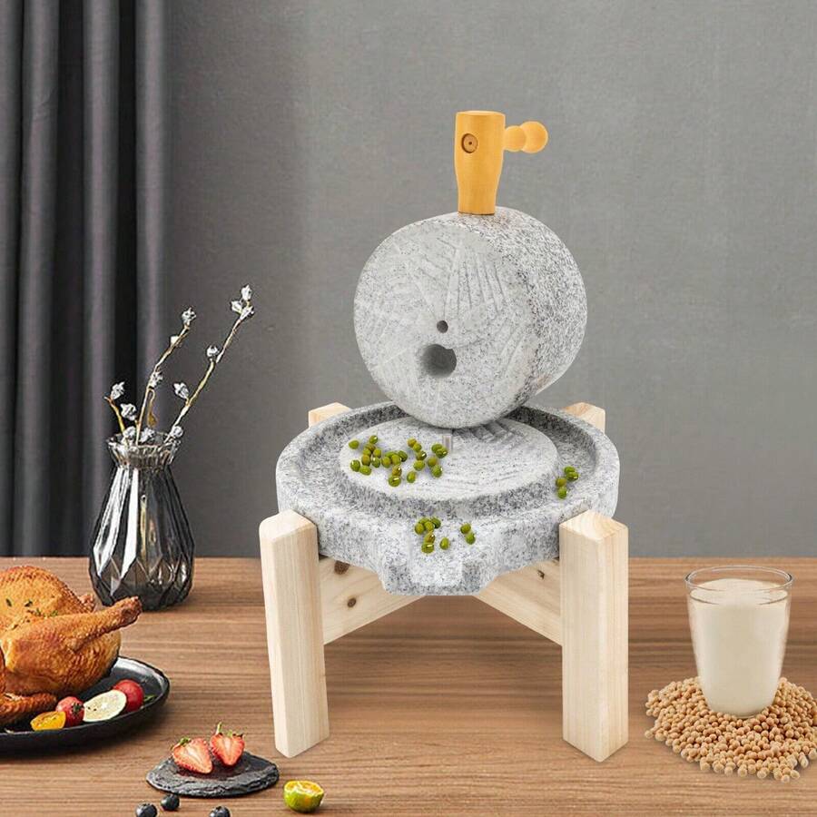 HOHOBLA Stone Grain Mill, Natural Granite Handmade Stone Mill Grinding Tool Manual Stone Grinder Paste Mill With Filter Bag, Ancient Grinding Stone Millstone For Grind Dry And Wet Foods (With Stand) - 淺灰色 - 查看 1