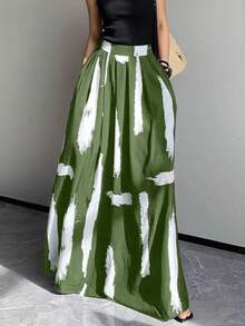 EARO 女士休闲宽松墨水印花裙，设计独特，赏心悦目 - 綠色 - 查看 3