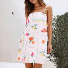 Women Boho Cami Mini Dress Spaghetti Strap Graphic Printed A Line Short Dress Backless Cut Out Colorful Sundress Summer Vacation Beach Streetwear - 紅白色 - 查看 2