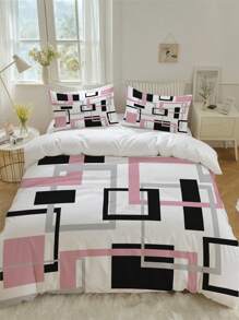 3PCS Geometric Pattern Black Gray Printed Duvet Cover Set (1*Duvet Cover + 2*Pillowcase, Without Core)- Lightweight Breathable Bedding Set For Bedroom & Dorm Room With Geometric Print, Comfortable Coverlet & Bedspread - Easy Care, Hypoallergenic, And Gentle On Skin