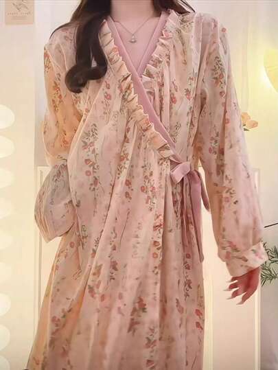 زي نوم قميص نوم قطعة واحدة، بتصميم أوروبي بسيط بأكمام طويلة فضفاضة، رداء نوم إسترخائي أنيق بأكمام طويلة، تصميم جديد للربيع والخريف، برقبة على شكل v مريحة، ملابس منزلية للنساء لحفل الزفاف والصيف والحمام والعودة للمدرسة