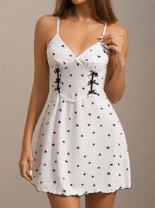 1pc Women's Solid Color Heart Print Bow Detail Ruffle Trim Comfy Nightgown, Vacation