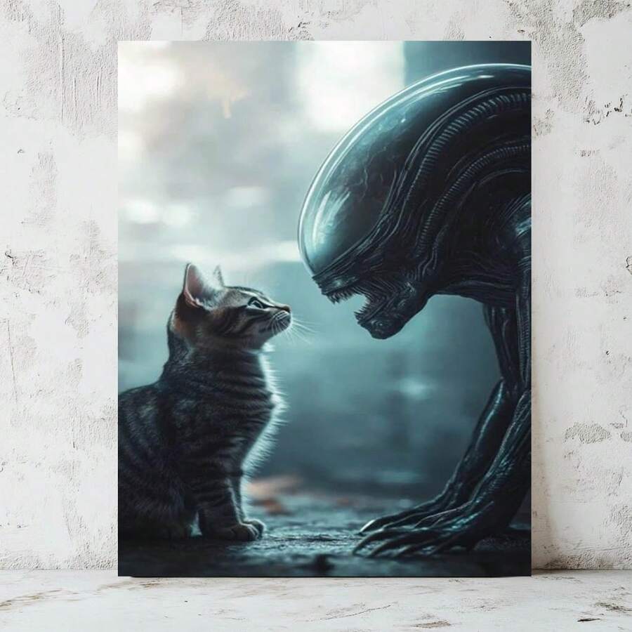 1 pieza de Cuadro con gato, alien y mirada, adecuado para sala de estar, dormitorio, oficina, baño, regalo para familia y amigos, con marco - Blanco - Ver 1