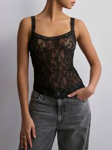 Women Camisoles Sleeveless Lace See-Through Casual Tank Tops Summer Casual Tops Streetwear - màu đen - Xem 1