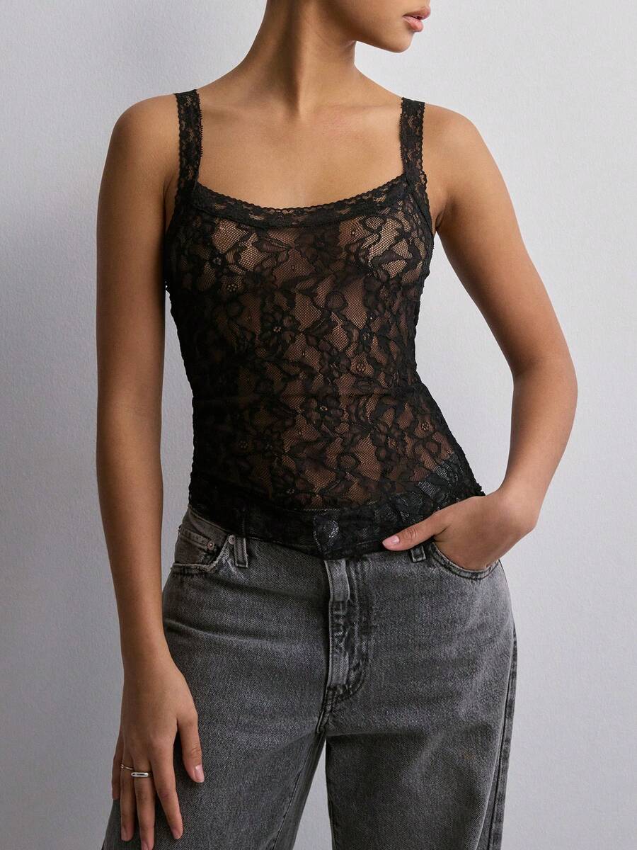 Women Camisoles Sleeveless Lace See-Through Casual Tank Tops Summer Casual Tops Streetwear - màu đen - Xem 1