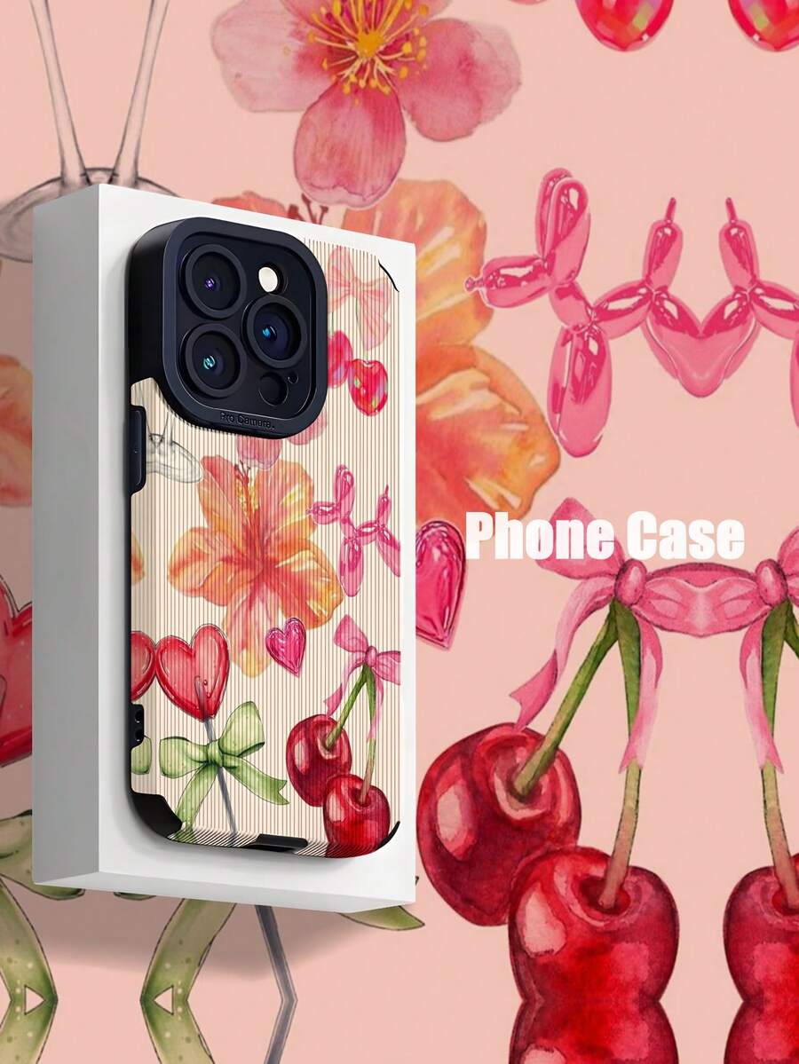 1 件简约闪亮球和樱桃拼布条纹仿皮保护手机壳适用于 Apple 16/16 Plus/16 Pro/16 Pro Max，防水防震防摔防刮