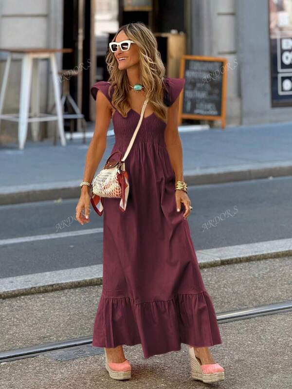 Vestido largo elegante de manga de vuelo con diseño elegante, vestido de verano cómodo y sencillo de unicolor para vacaciones, vestido casual de moda rojo para mujer