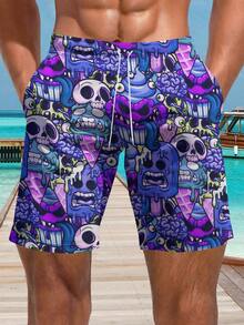 Men's 3D Summer Cartoon Skull Printed Beach Shorts,Hawaiian - Multicolor - View 1