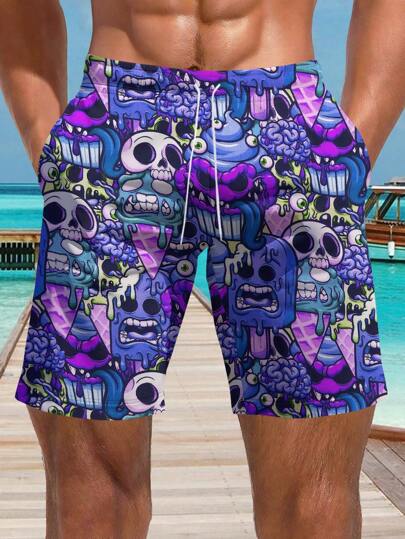 Pantalones cortos de playa de verano con estampado 3D de calavera de dibujos animados para hombres, estilo hawaiano