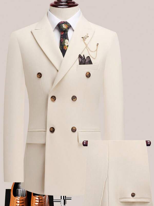 The Latest Men's Solid Color Suit Two-Piece Set With Lapel Collar And Double Breasted Buttons For Four Seasons, Men's Business Suit, Formal Business Casual Wedding Dress