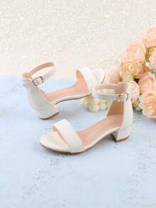 Sandalias de tacón alto blancas para niñas/niños, de tacón grueso y punta abierta, de moda, adecuadas para vestidos de verano, zapatos para niña de flores para bodas y fiestas, zapatos lindos para princesa para niños pequeños/niños pequeños/niños mayores