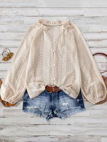 EARO 女式法式 V 领透视镂空长袖衬衫，宽松百搭优雅纹理设计