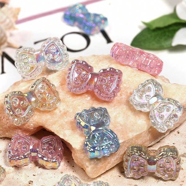 10 Pcs Thin Flash Love Bow Bead, Acrylic Lace Bowknot Bead, Suitable For DIY Handicrafts, Mobile Phone Chain, Key Chain, Car Pendant And Other Accessories