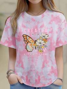 扎染创意卡通字母印花圆领短袖T恤女夏季 - 粉色 - 查看 2