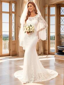 EVERPRETTY 荷葉袖及地蕾絲婚紗連衣裙