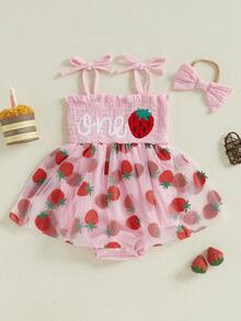 Baby Girl First Birthday Outfit Summer Sleeveless Smocked Fairy Berry One Romper Tulle Dress Baby Girl 1st Birthday Clothes One Year Old Tulle Romper Sleeveless Bodysuit Cake Smash Outfits + Headband - 粉色 - 查看 1
