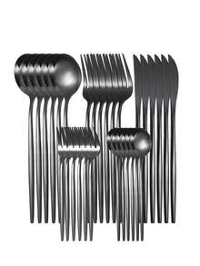 Set di posate in acciaio inossidabile da 30 pezzi, stile occidentale, include coltelli, forchette, cucchiai e cucchiaini da dessert, adatto per cene a base di bistecca, cucina, regalo di Natale, decorazione per la casa, regalo per il nuovo anno - nero - Visualizzare 1