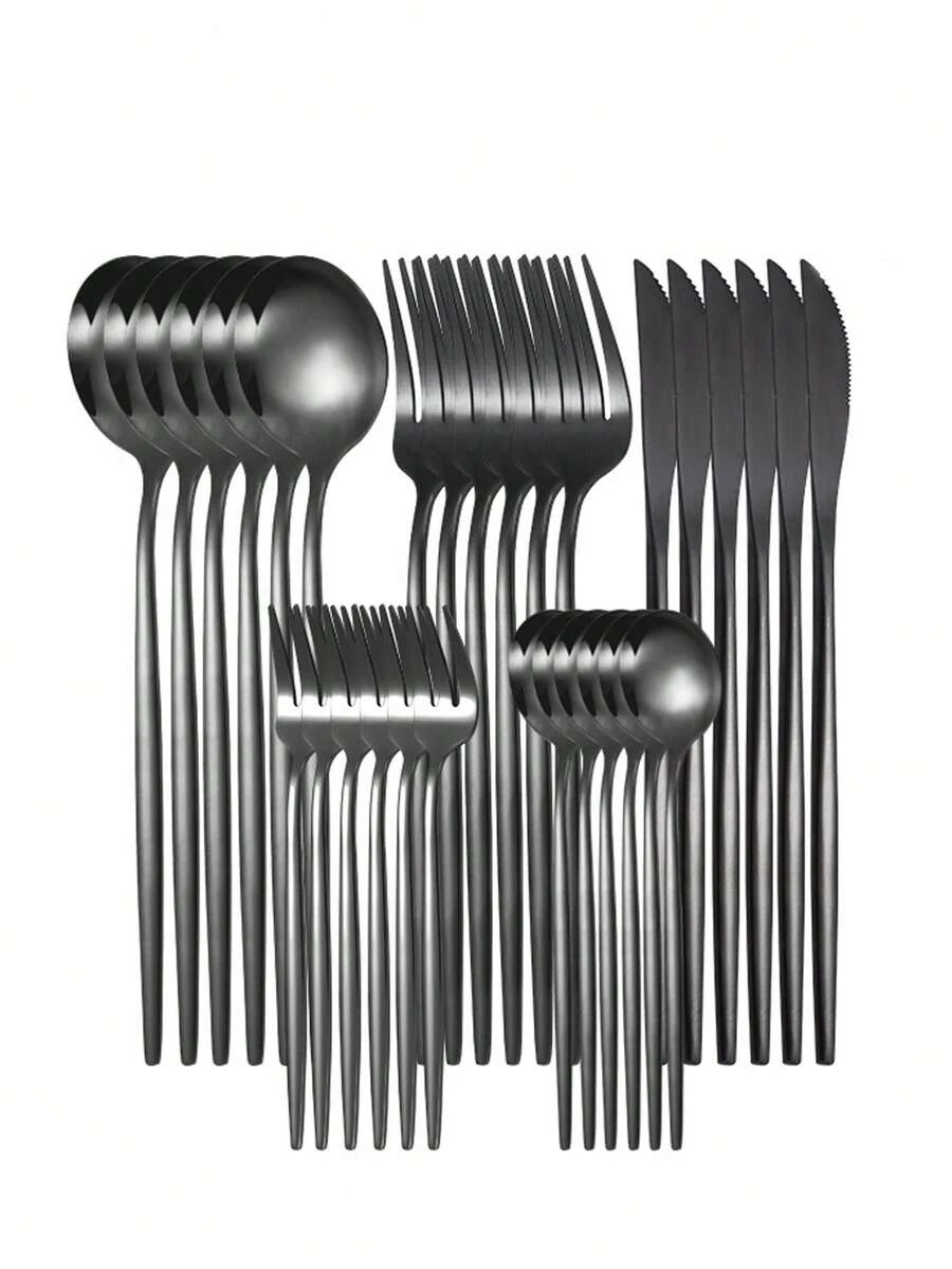Set di posate in acciaio inossidabile da 30 pezzi, stile occidentale, include coltelli, forchette, cucchiai e cucchiaini da dessert, adatto per cene a base di bistecca, cucina, regalo di Natale, decorazione per la casa, regalo per il nuovo anno - nero - Visualizzare 1