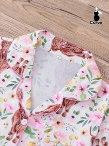 2 Pieces Set Highland Cow Print Women Plus Size Sleepwear Set, Including Soft Short Sleeve Collared Button Shirt Top And Elastic Waist Loose Shorts, Stylish Loungewear For Holiday Party, Home & Outdoor Casual Use