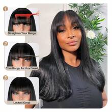 Peluca recta negra larga de 30 pulgadas con flequillo, densidad del 200%, sin encaje frontal, negro natural, totalmente hecha a máquina, para uso en disfraces, fiestas, diario y escuela para mujeres de moda