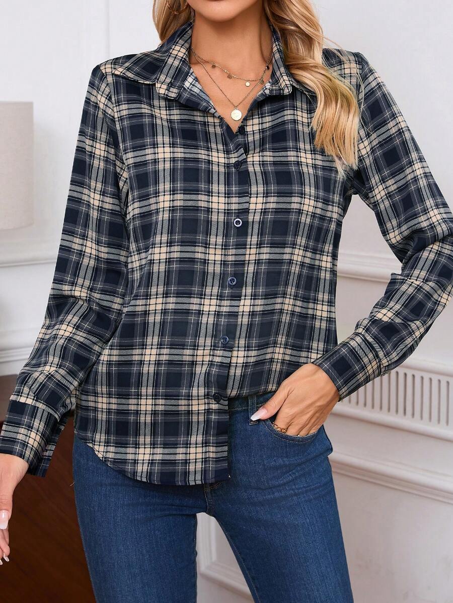 Women's Long Sleeve Plaid Shirt, Turndown Collar, Single-Breasted, Daily Commute Blouse, Thin Checkered Printed Ladies Tops, 2025 New Style - Navy Blue - View 1