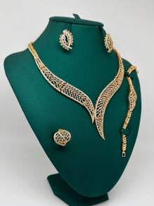 4 pièces Ensemble de bijoux du Moyen-Orient : Collier en or, boucles d'oreilles, bague, bracelet, design en forme de blé en cuivre et zirconium, décoration de gland, convient pour le port quotidien, les fêtes, les mariages et les tenues de mariée pour femmes